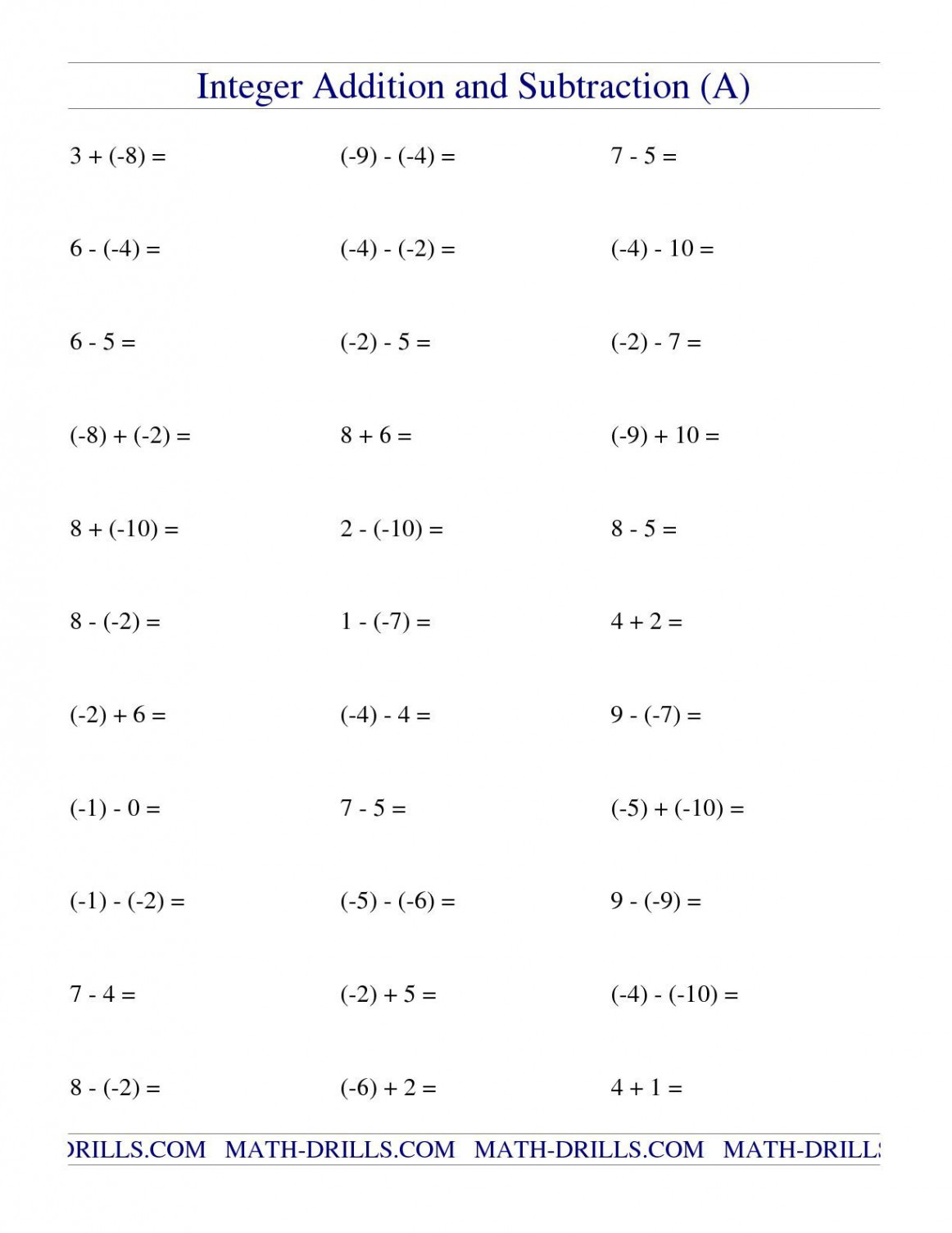 The Integer Addition and Subtraction (Range - to ) (A) math