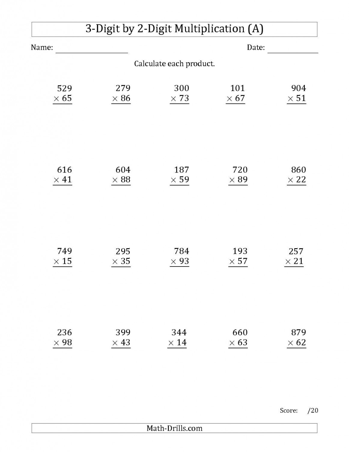 The Multiplying -Digit by -Digit Numbers (A) math worksheet from