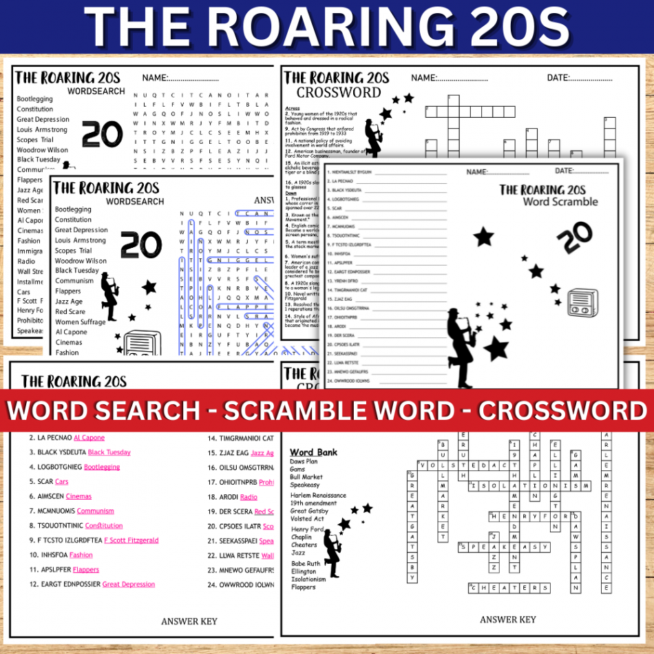 The Roaring s TWENTIES Worksheet Activity, Word Search-Scramble