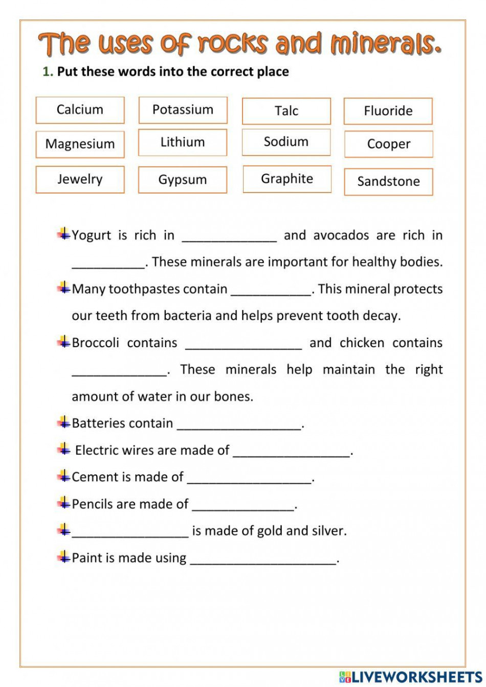 The uses of rocks and minerals worksheet  Live Worksheets