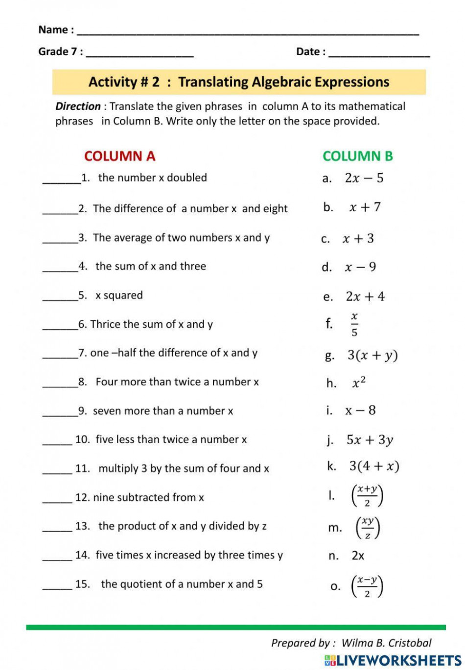 Translating Algebraic Expressions interactive worksheet  Live