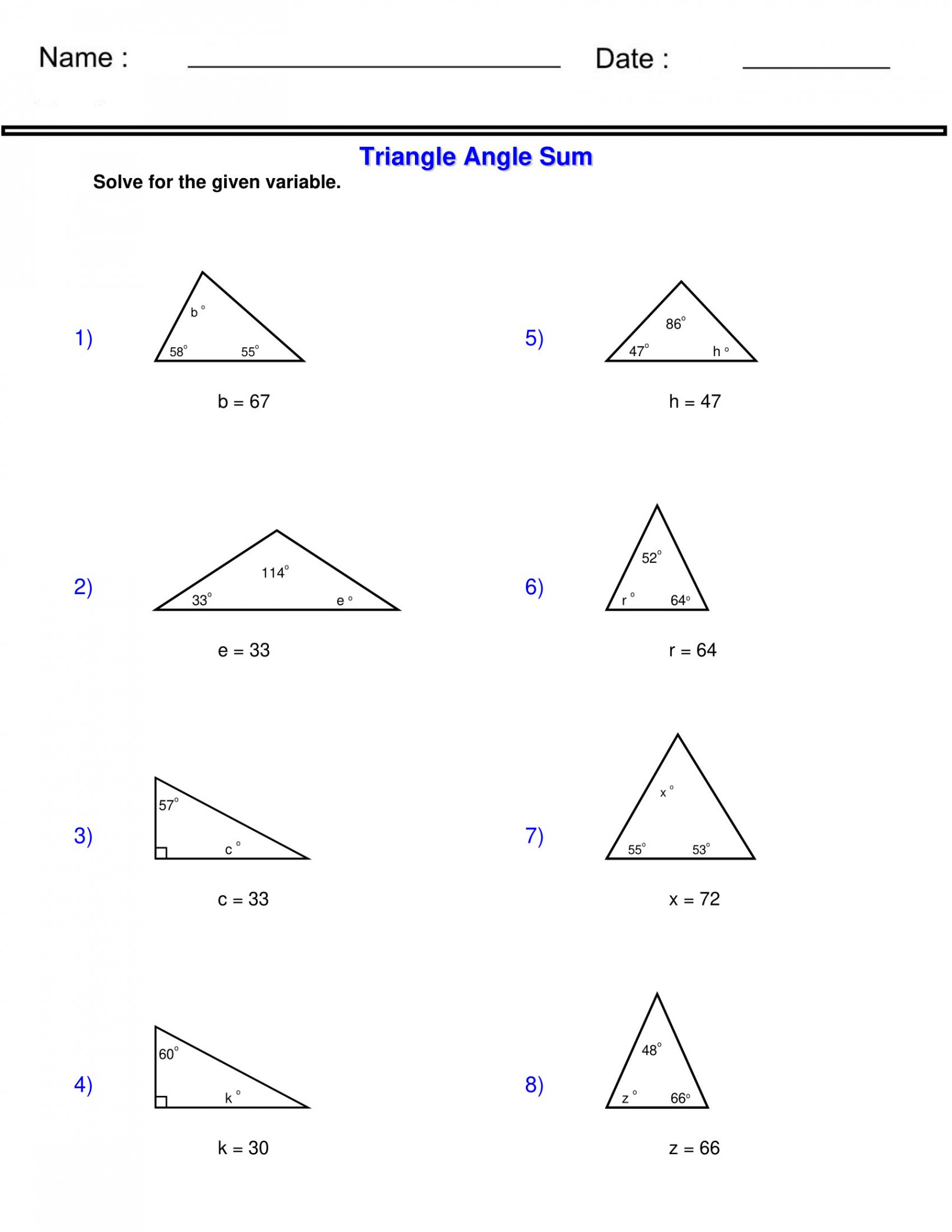 Triangle Angle Sum - Triangle Worksheets