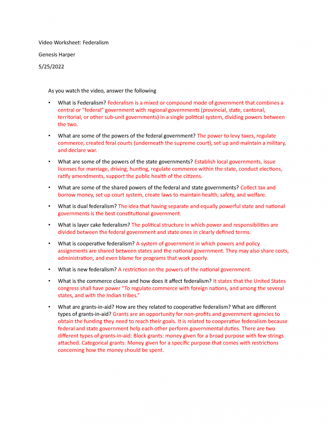 Video worksheet-Federalism - Video Worksheet: Federalism Genesis