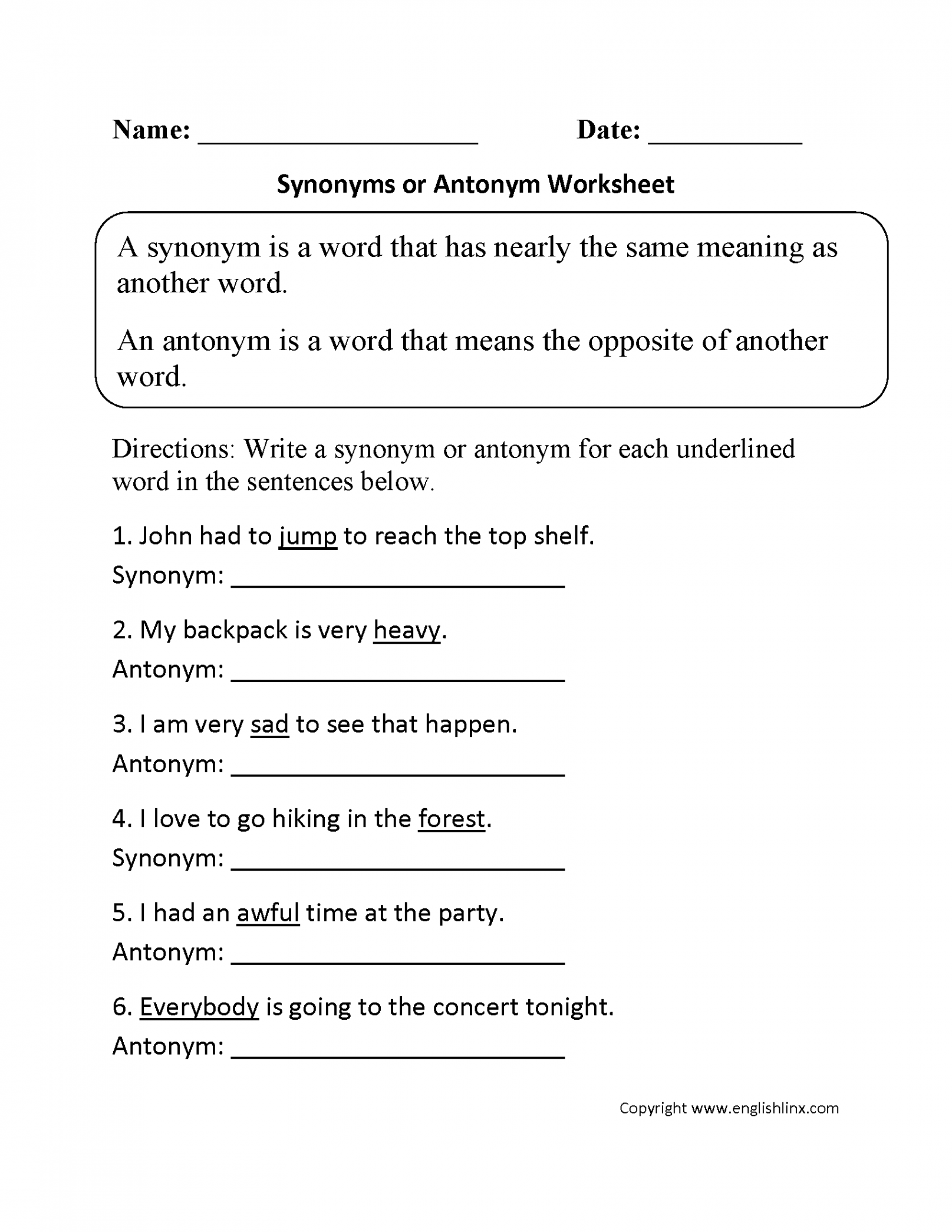 Vocabulary Worksheets  Synonym and Antonym Worksheets