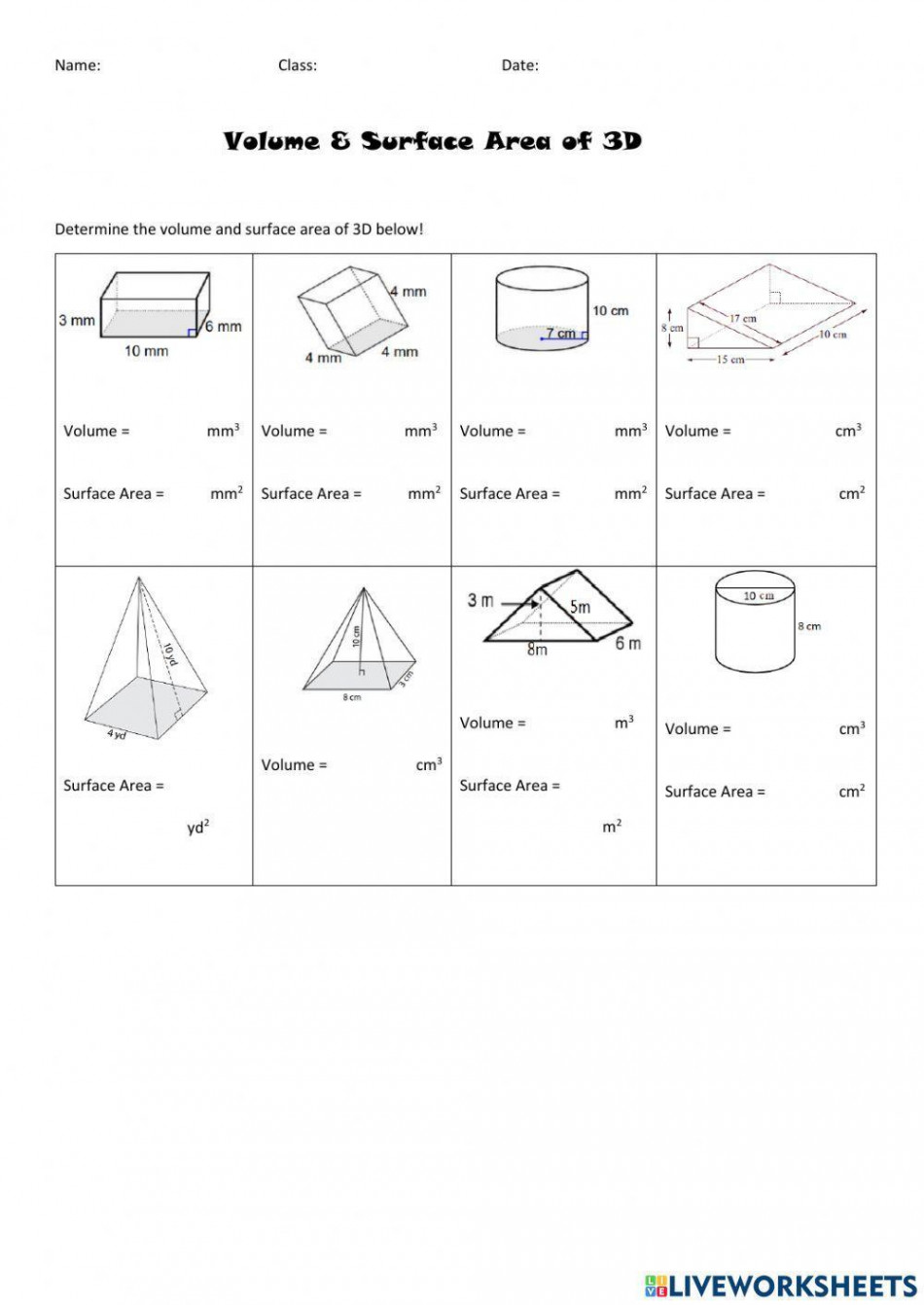 Volume and Surface Area of D Shapes worksheet  Live Worksheets