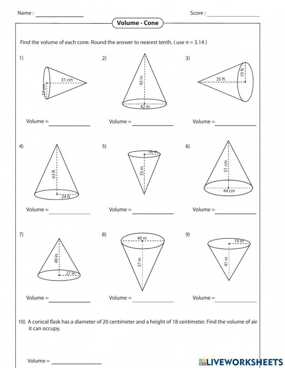 Volume of a Cone worksheet  Live Worksheets