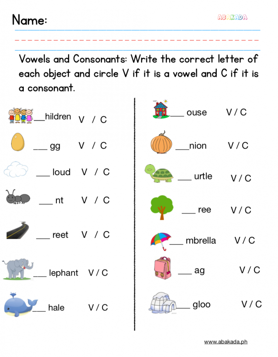 Vowels and Consonants Worksheets Pre-school and st Grade Practice