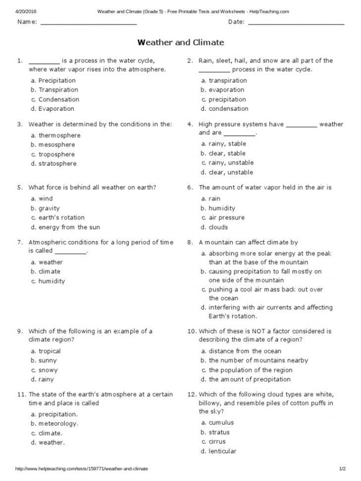 Weather and Climate Grade  - Free Printable Tests and Worksheets