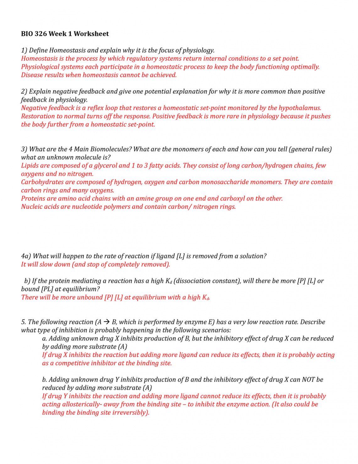 Week  Worksheet key - BIO  Week  Worksheet Define Homeostasis