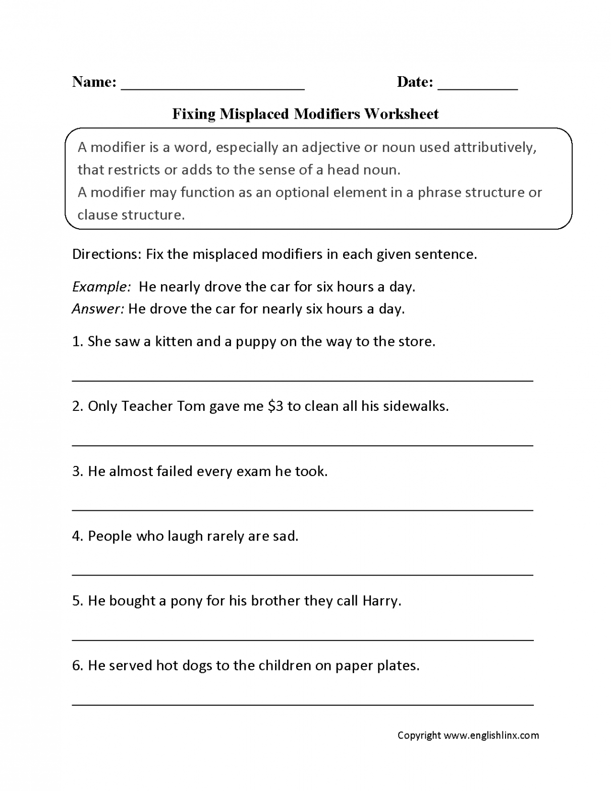 Word Usage Worksheets  Using Modifiers Worksheets