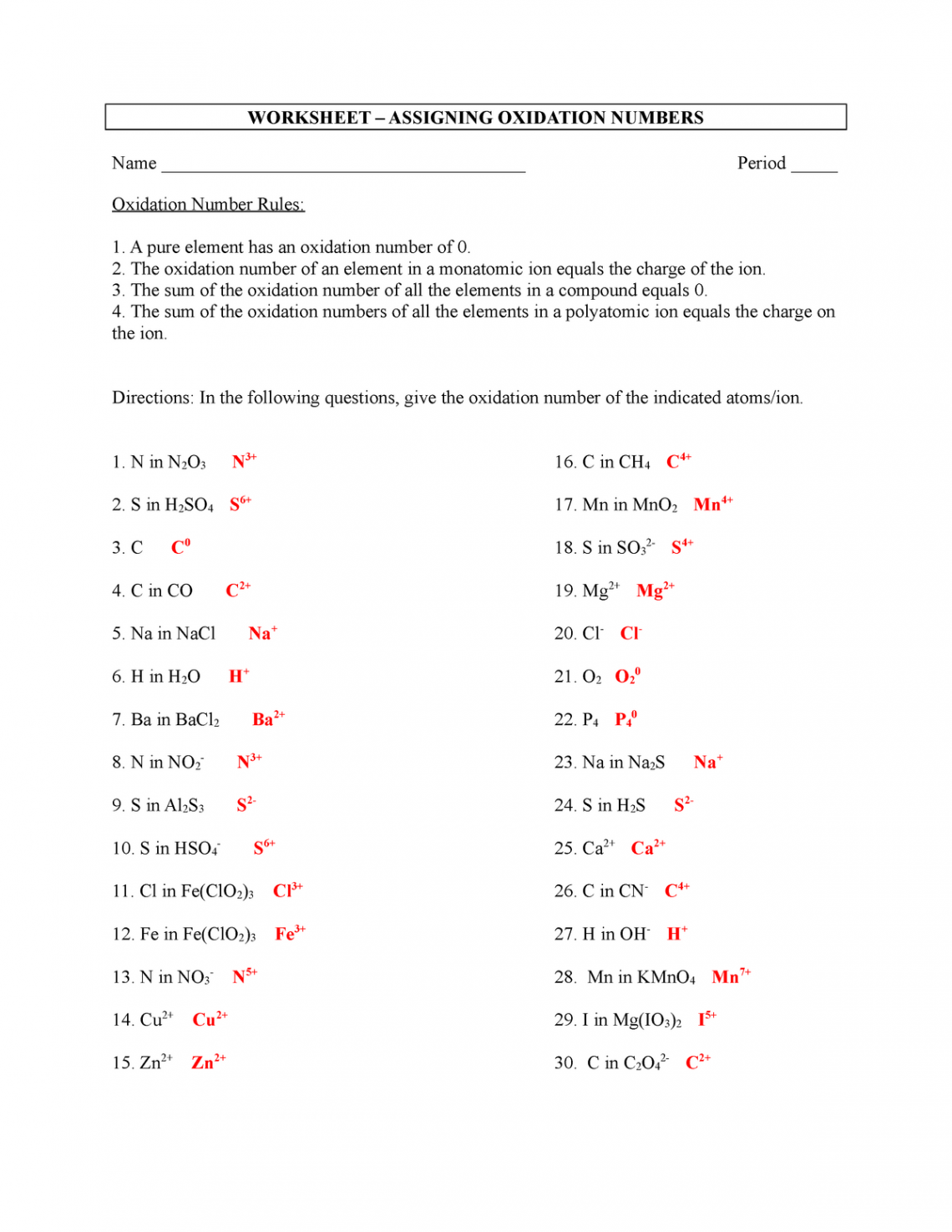 Worksheet - Assigning Oxidation Numbers - Key - WORKSHEET