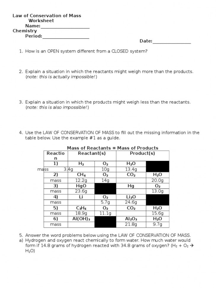 Worksheet - Law of Conservation of Mass  PDF