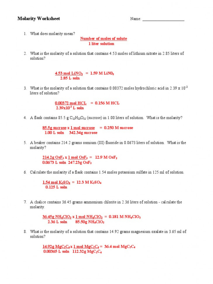 Worksheet - Molarity  Wksheet Key  PDF  Mole (Unit)  Sodium