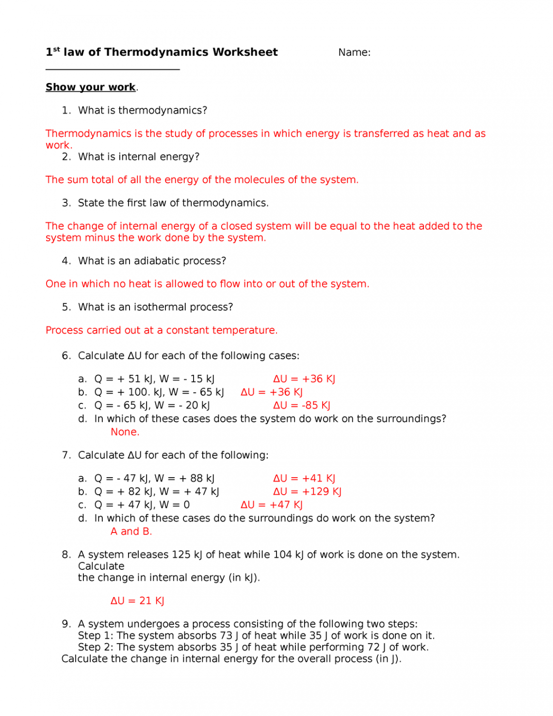 Worksheet - st law of thermodynamics key -  st law of