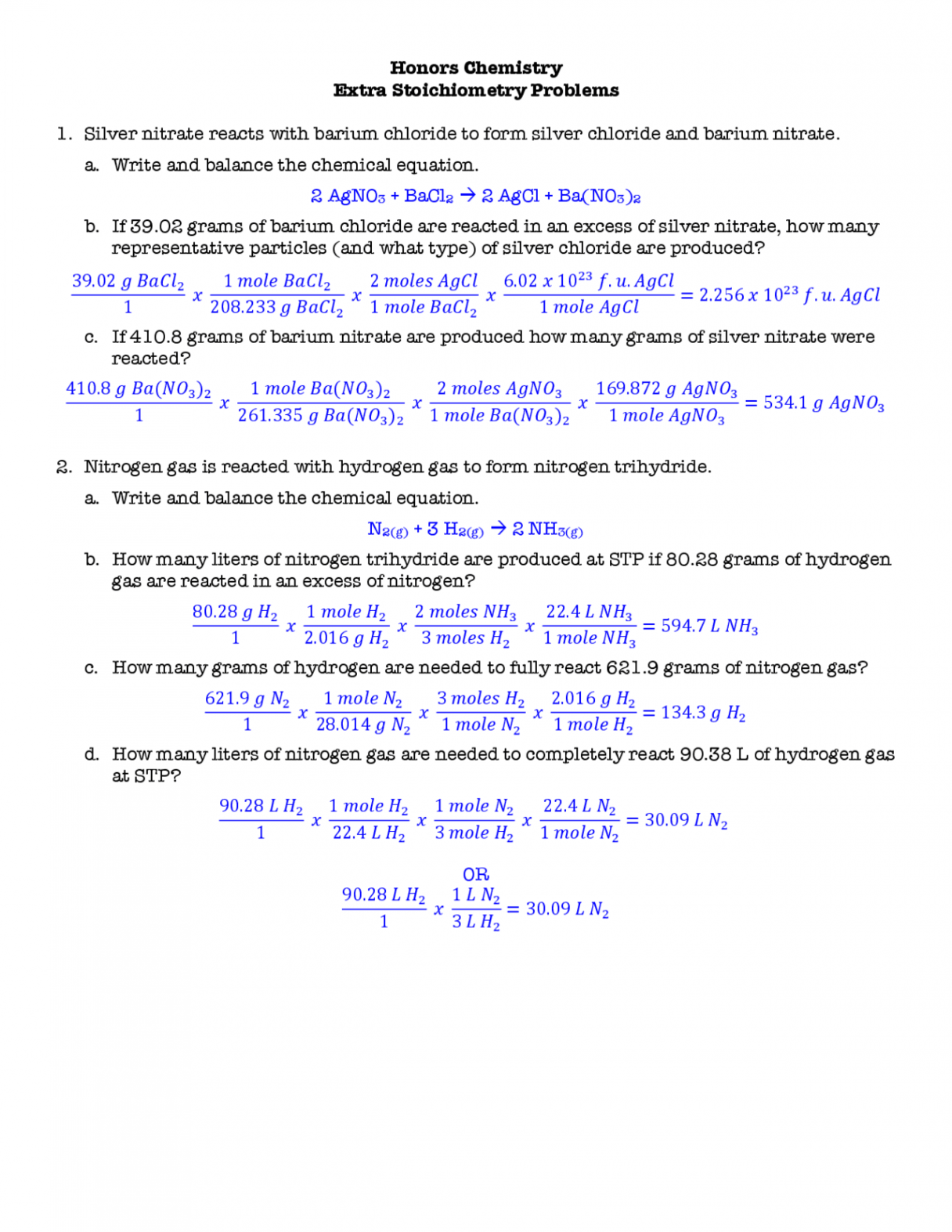 Worksheet Stoichiometry Practice Problems with Answer Key