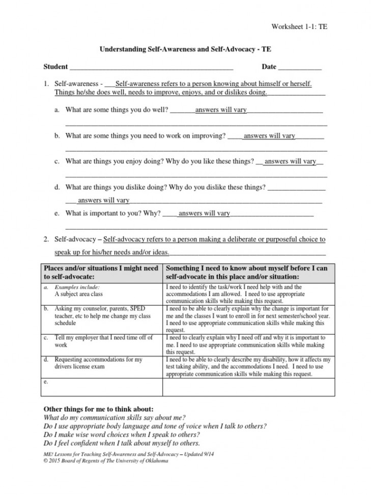 Worksheet - Understanding Self-Awareness and Self-Advocacy TE-