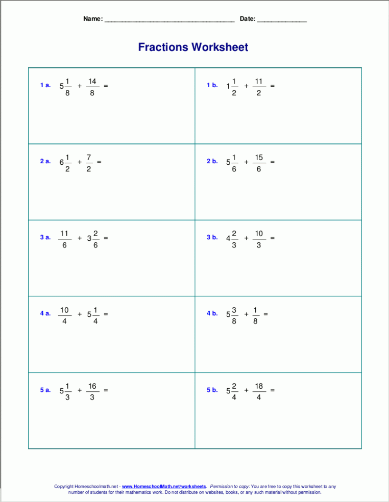 Worksheets for fraction addition