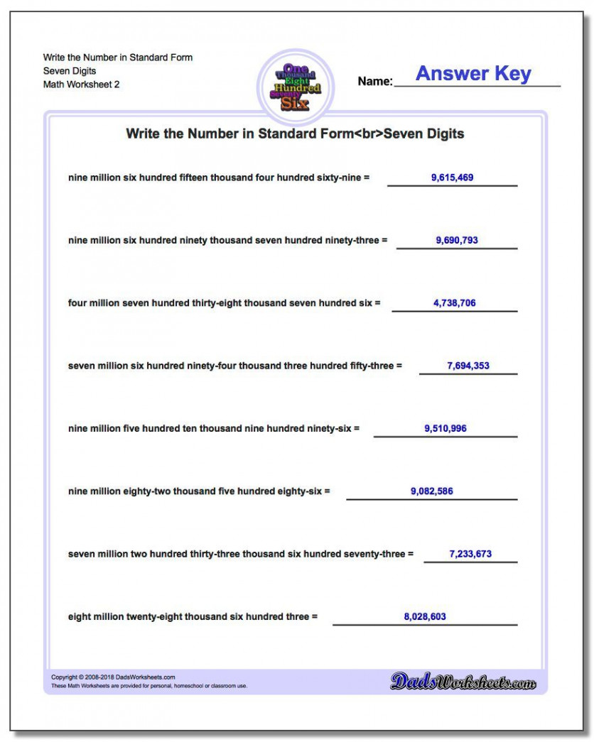 Write the Number in Standard Form Worksheet Seven Digits www