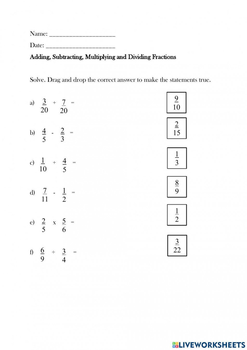 Add, subtract, multiply and divide fractions worksheet  Live