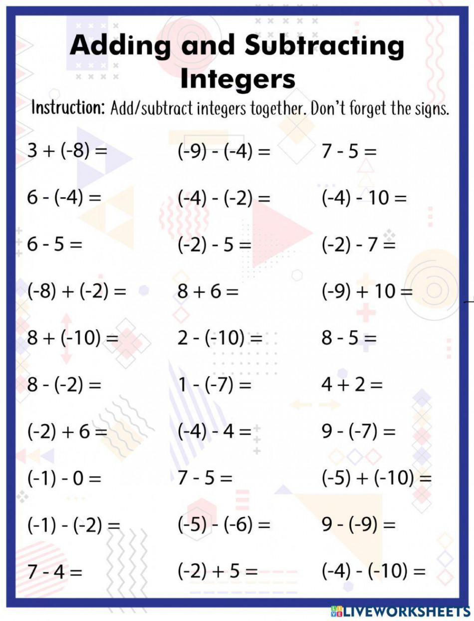 Adding and Subtracting Integers worksheet for   Live Worksheets