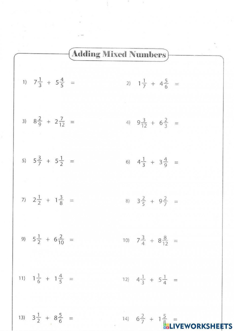 Addition of Mixed Numbers worksheet  Live Worksheets