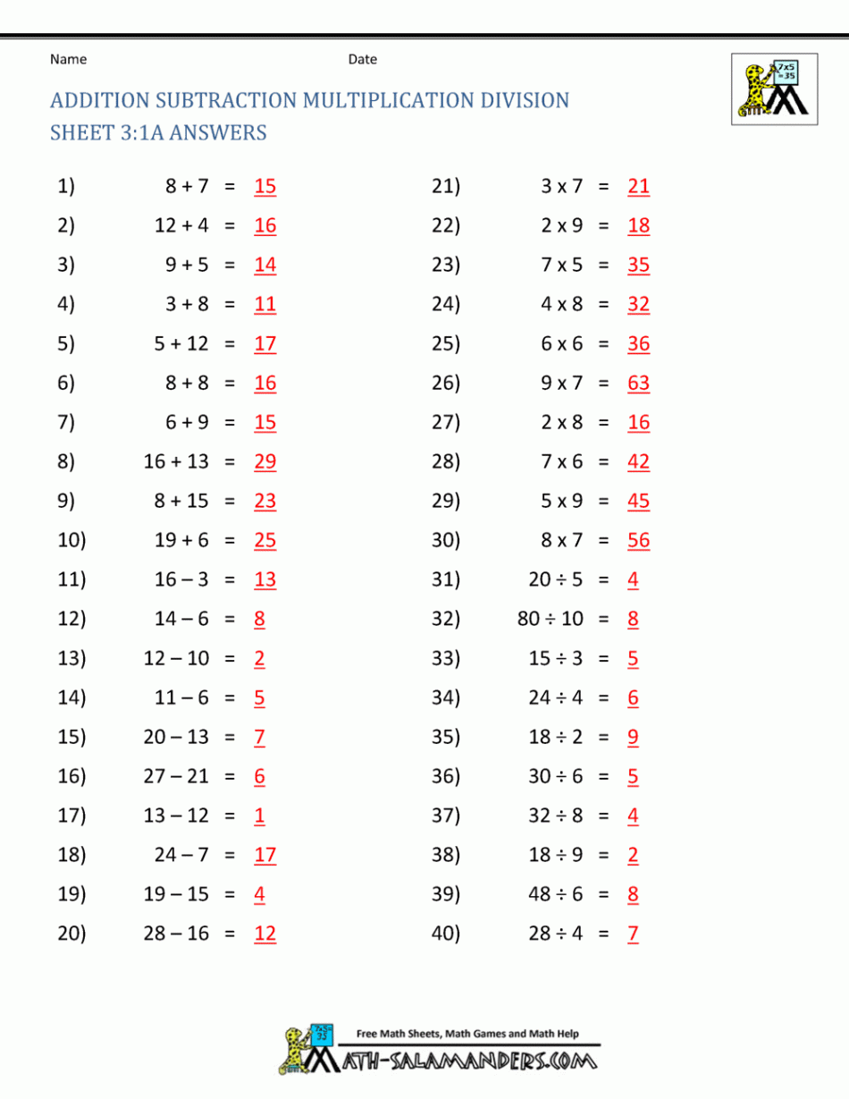 Addition Subtraction Multiplication Division Worksheets