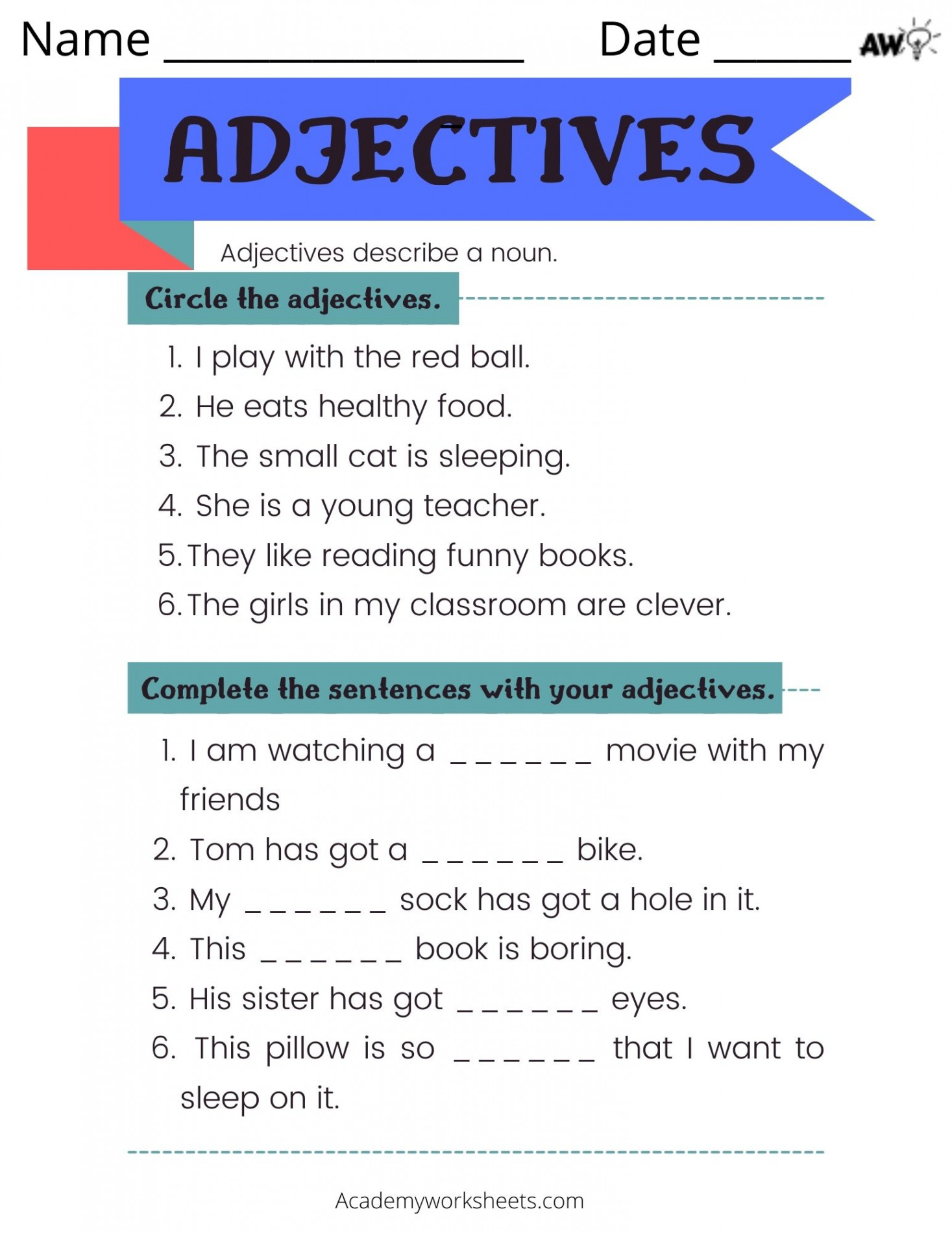 Adjectives Worksheet - Academy Worksheets