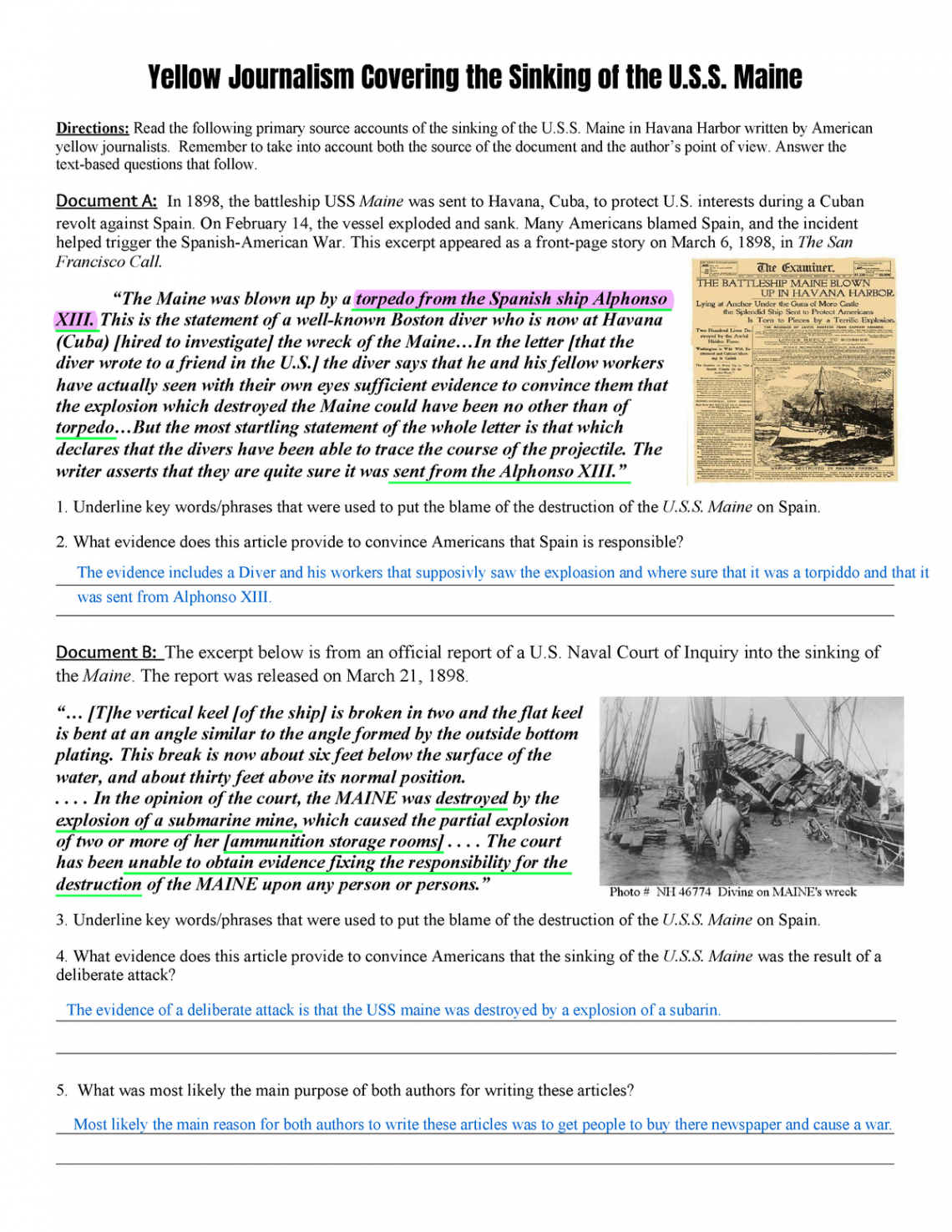 AH Spanish American War Common Core Textbased Answers Activity