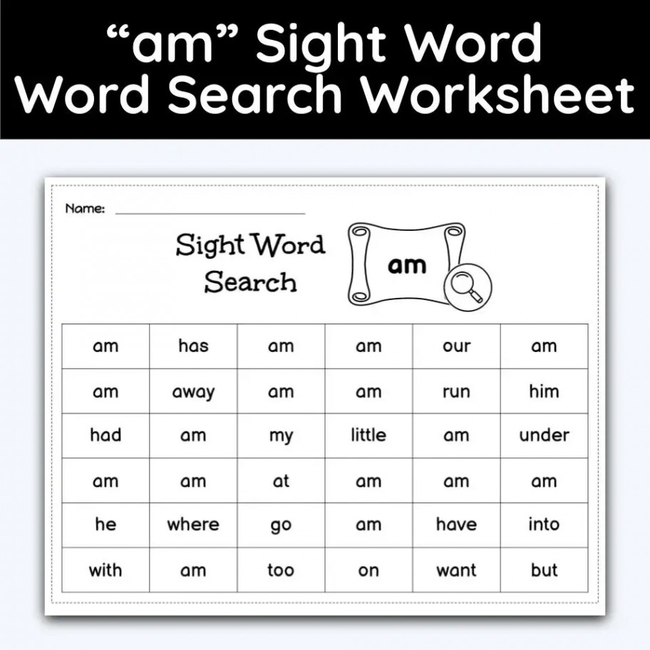 am Sight Word Single Word Search Worksheet