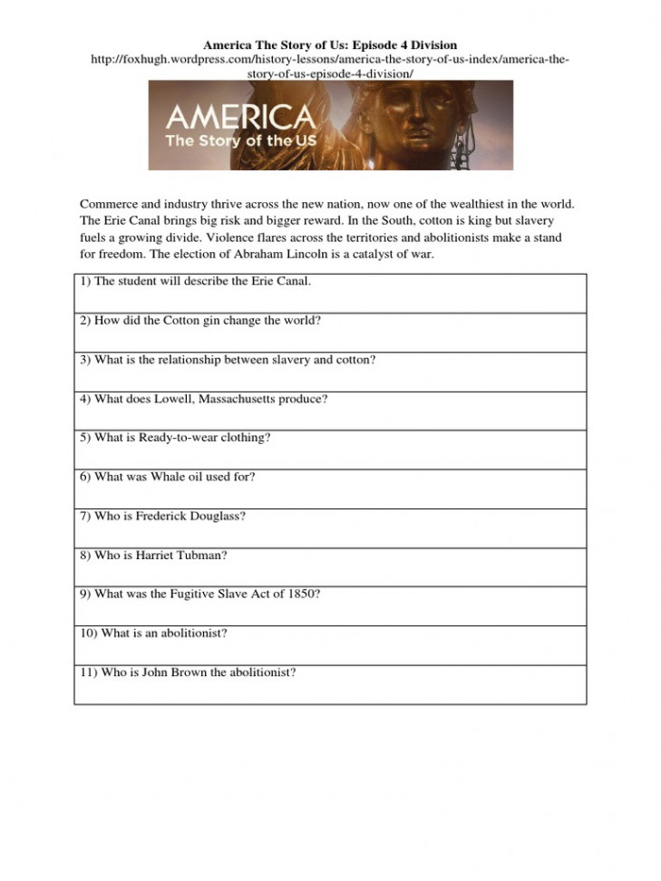 America The Story of Us Episode  Division Worksheet  PDF