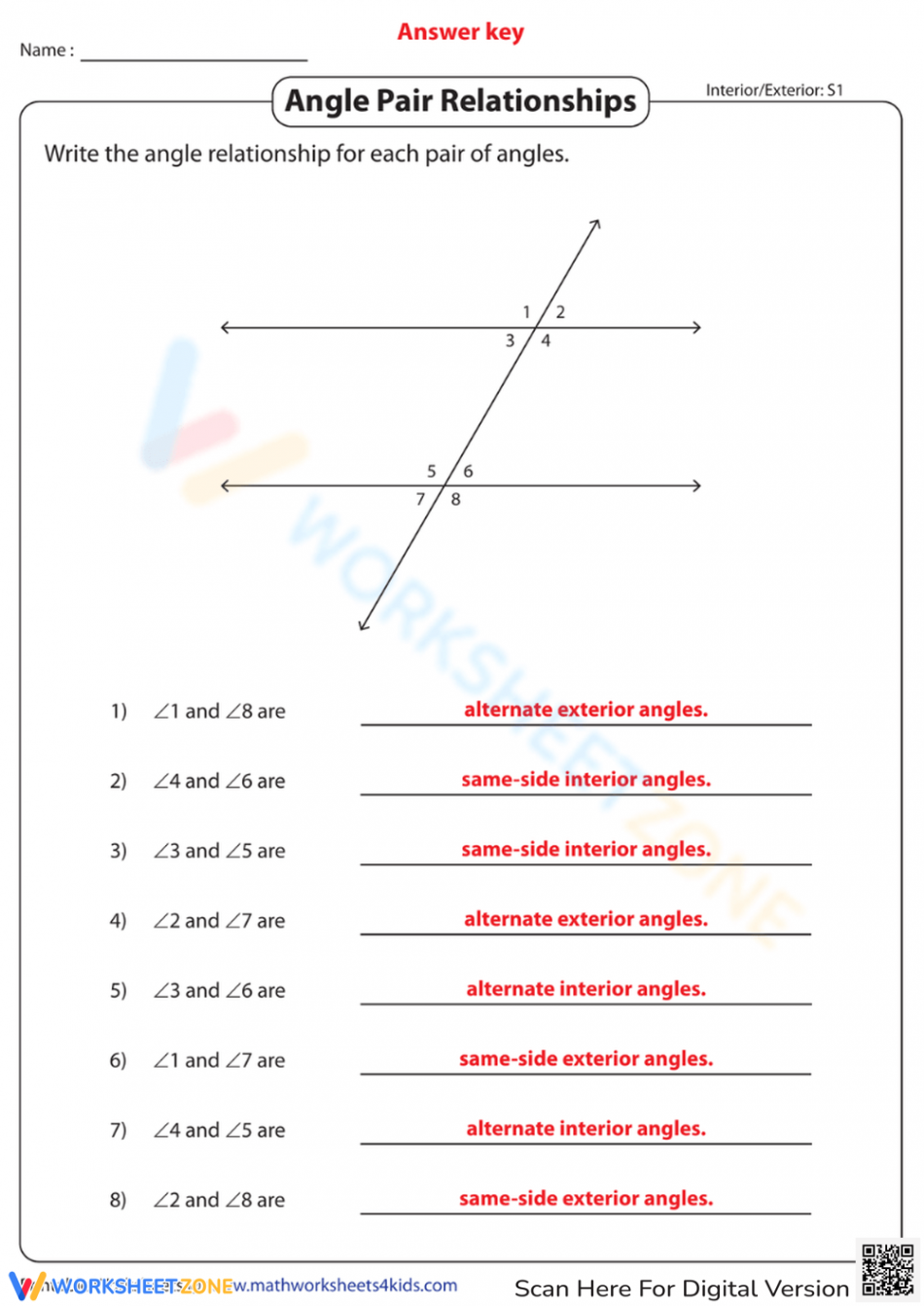 Angle Pair Relationships  Worksheet