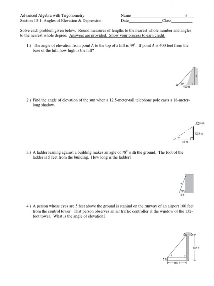 Angles of Elevation Depression Worksheet  PDF  Teaching