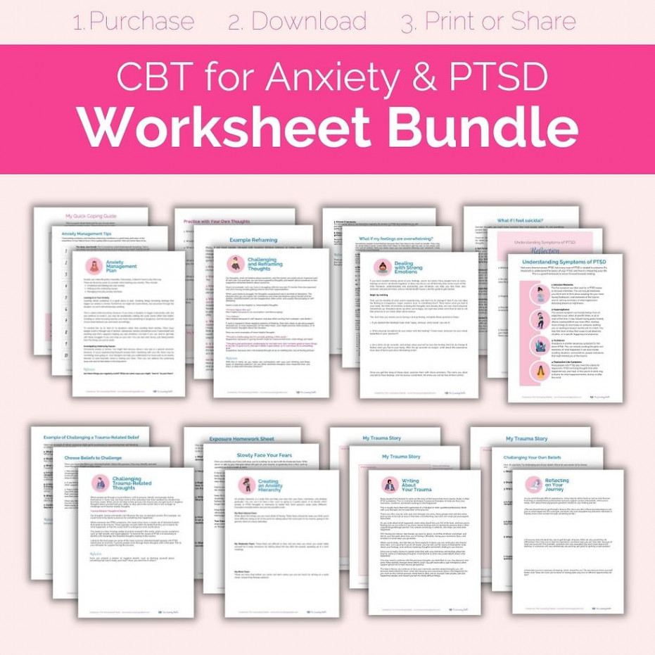 Anxiety & PTSD CBT Worksheet Bundle  CBT for Adults  Cognitive