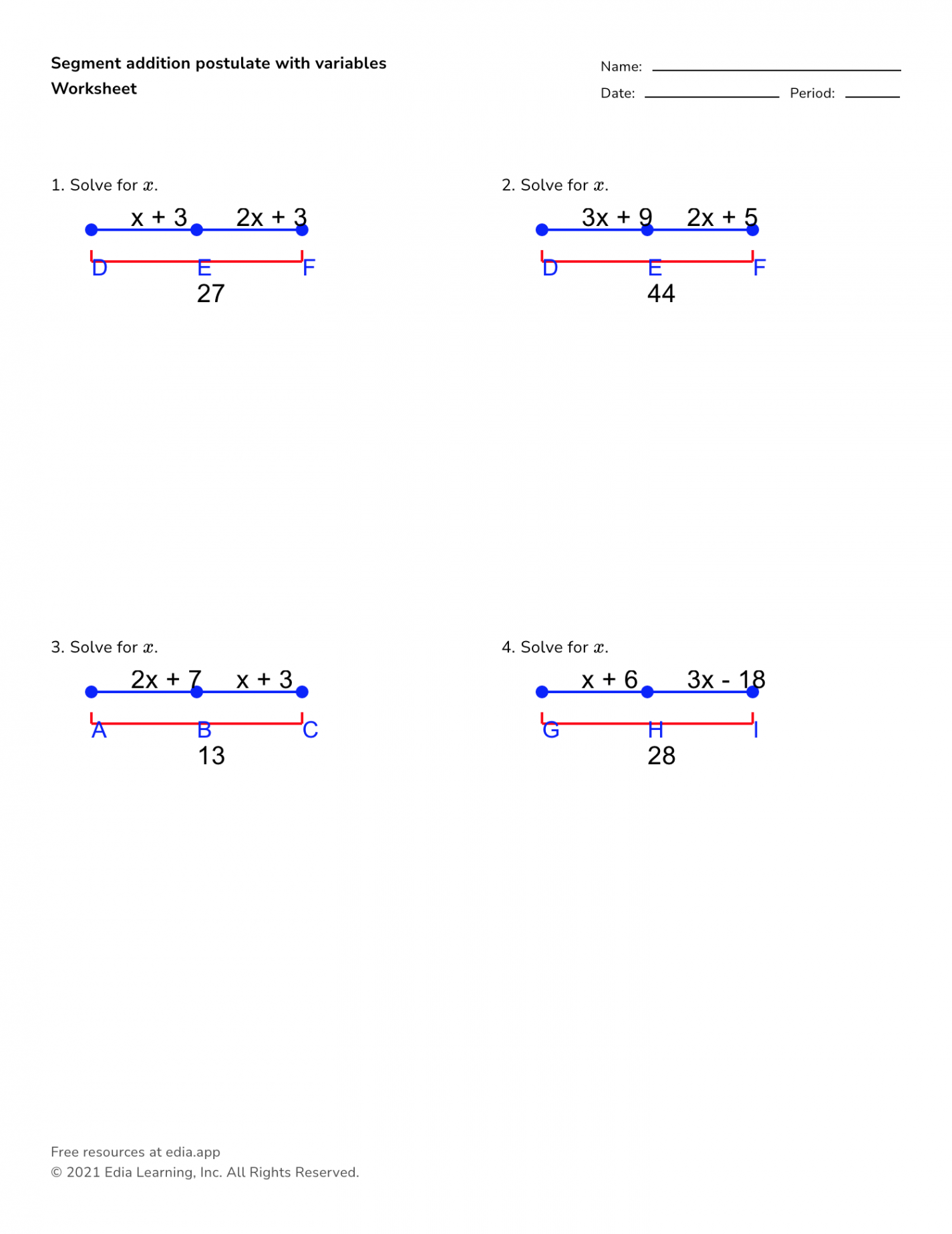 Apply Segment Addition Postulate With Variables - Worksheet