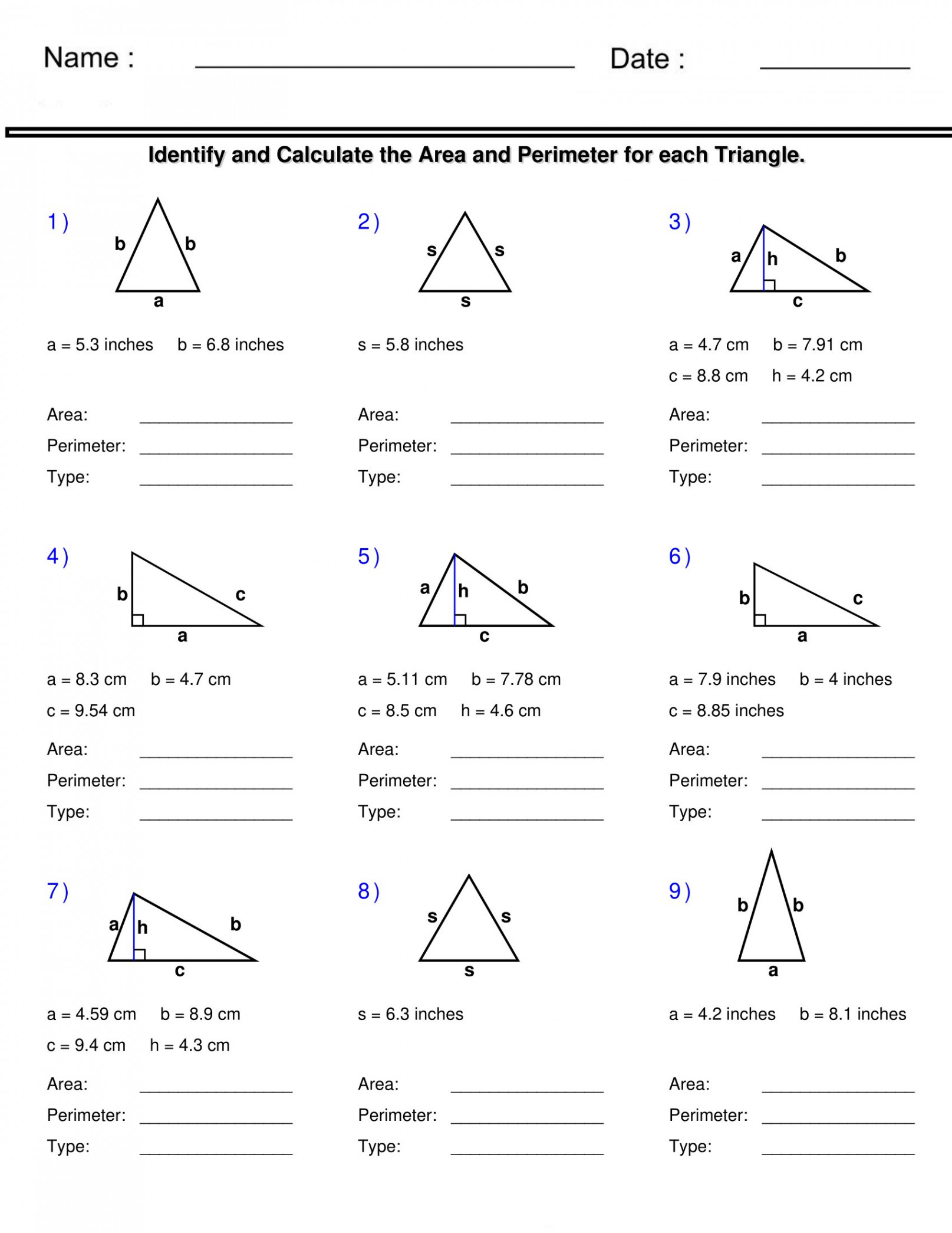 Area and Perimeter of Triangles - Identify and Calculate -Triangle  Worksheets