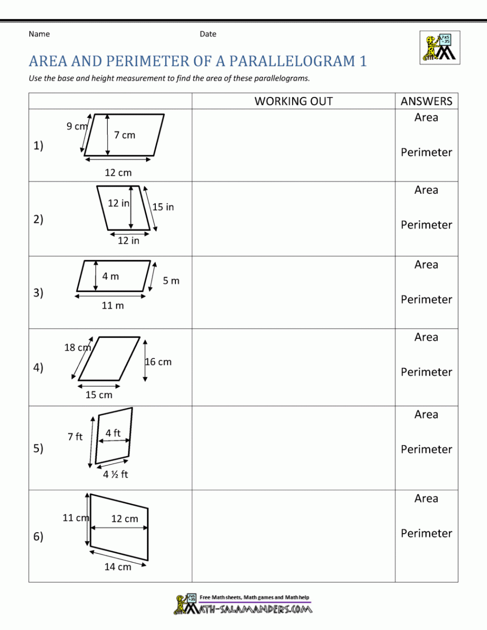 Area of Parallelogram Worksheet