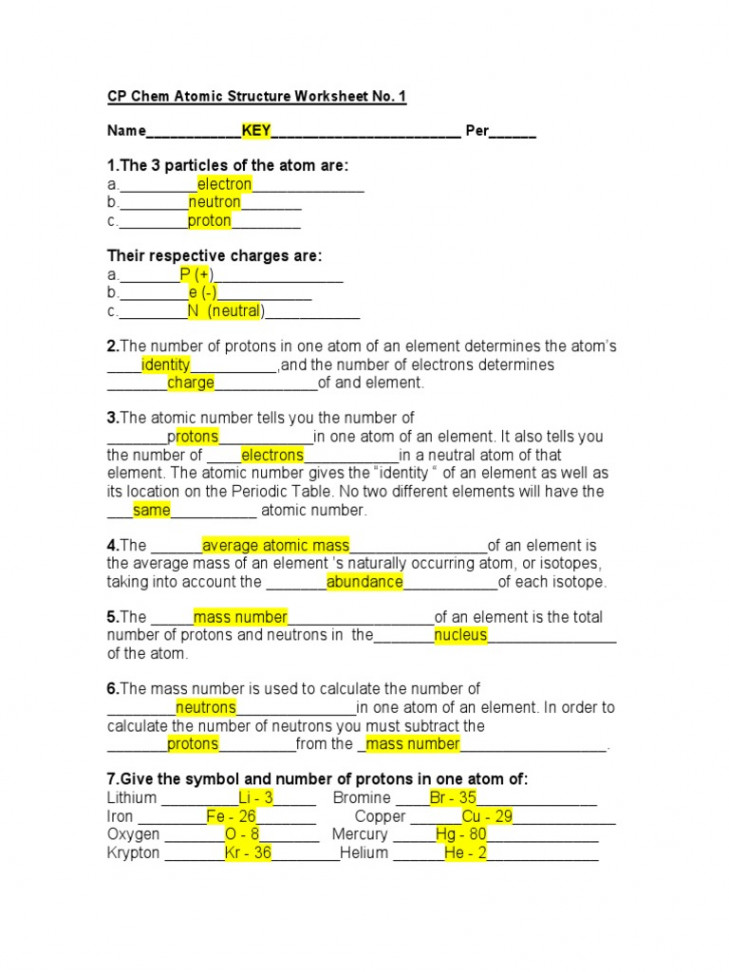 Atomic Structure Worksheet KEY  PDF