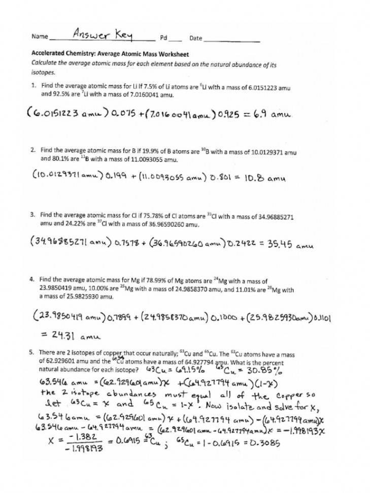 Average Atomic Mass Worksheet Answer Key  PDF