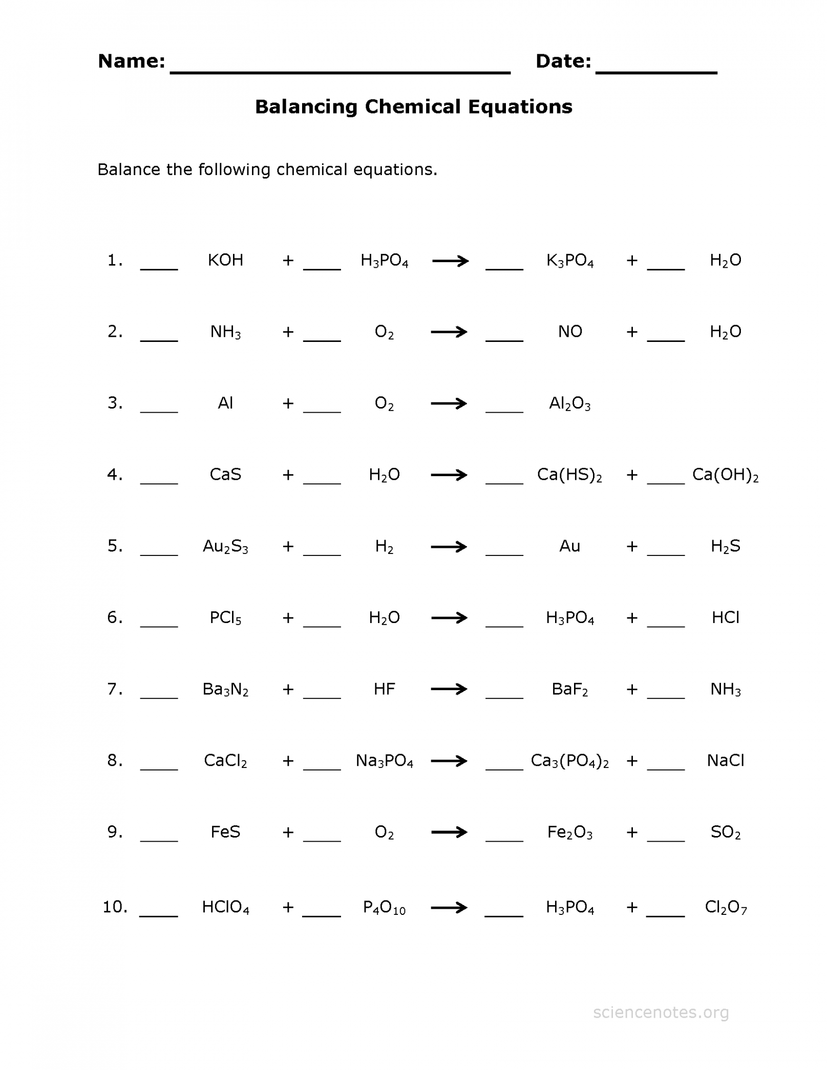 Balancing Chemical Equations Practice Sheet