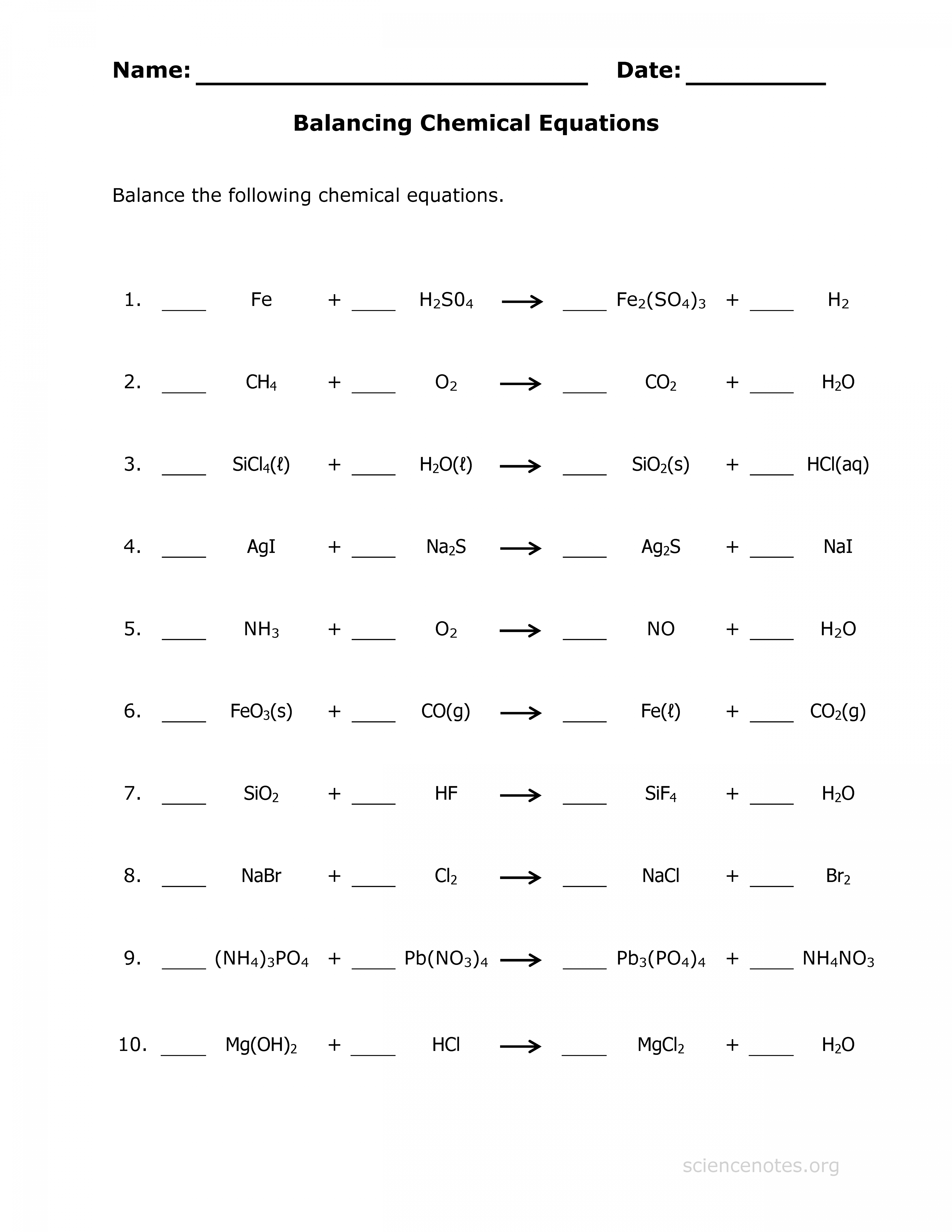 Balancing Chemical Equations Worksheet