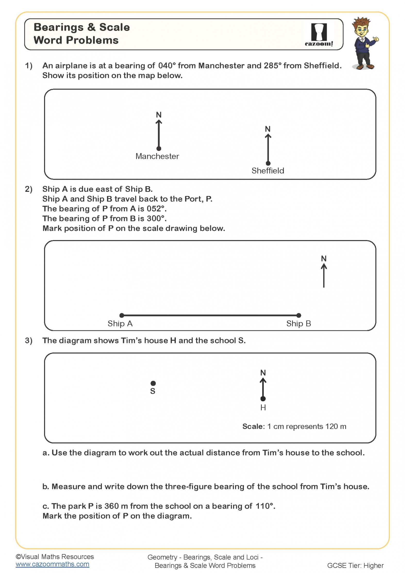 Bearings and Scale Word Problems Worksheet  Cazoom Maths Worksheets