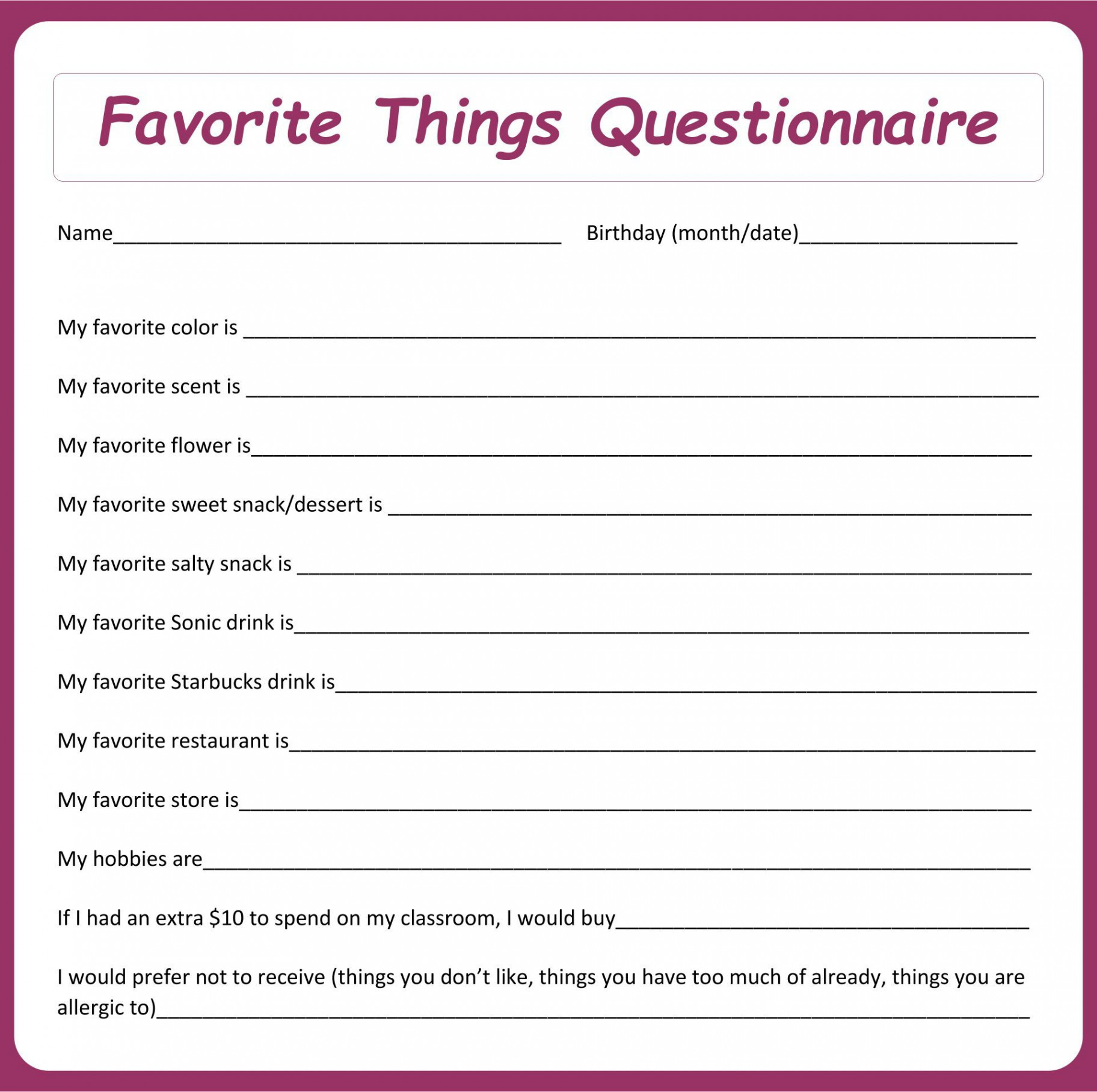 Best My Favorite Things Template Printable PDF for Free at