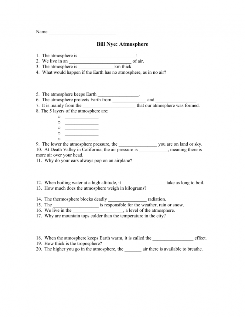 Bill Nye - Atmosphere Worksheet with Answers  Science th Grade