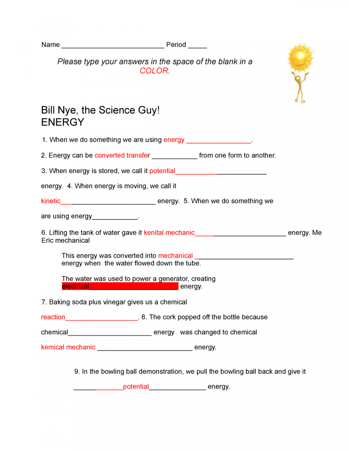 Bill Nye Energy Worksheet- student