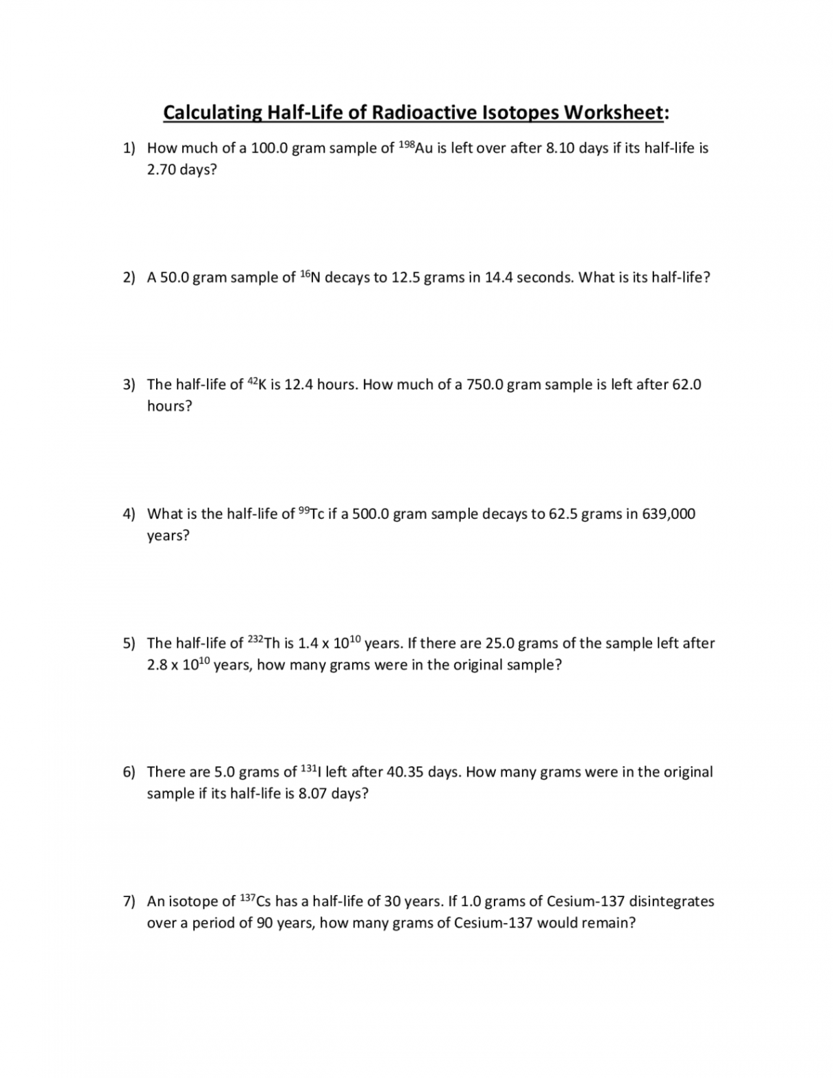 Calculating Half-Life of Radioactive Isotopes Worksheet