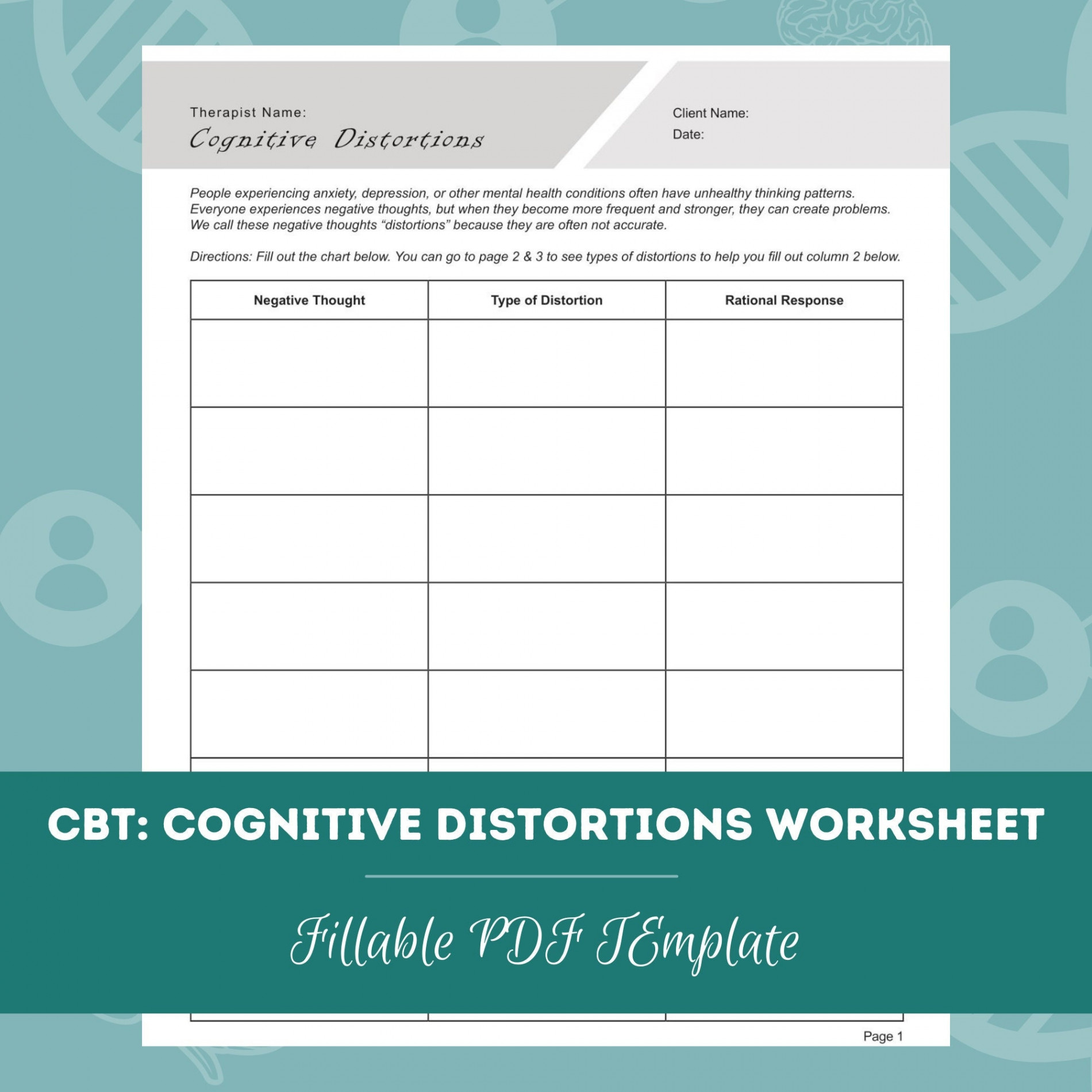 CBT: Cognitive Distortions Worksheet Editable / Fillable PDF