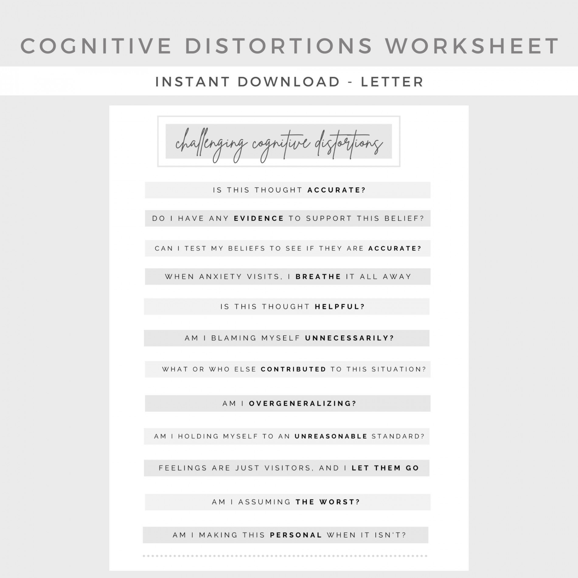 Challenging Cognitive Distortions Worksheet Mental Health - Etsy