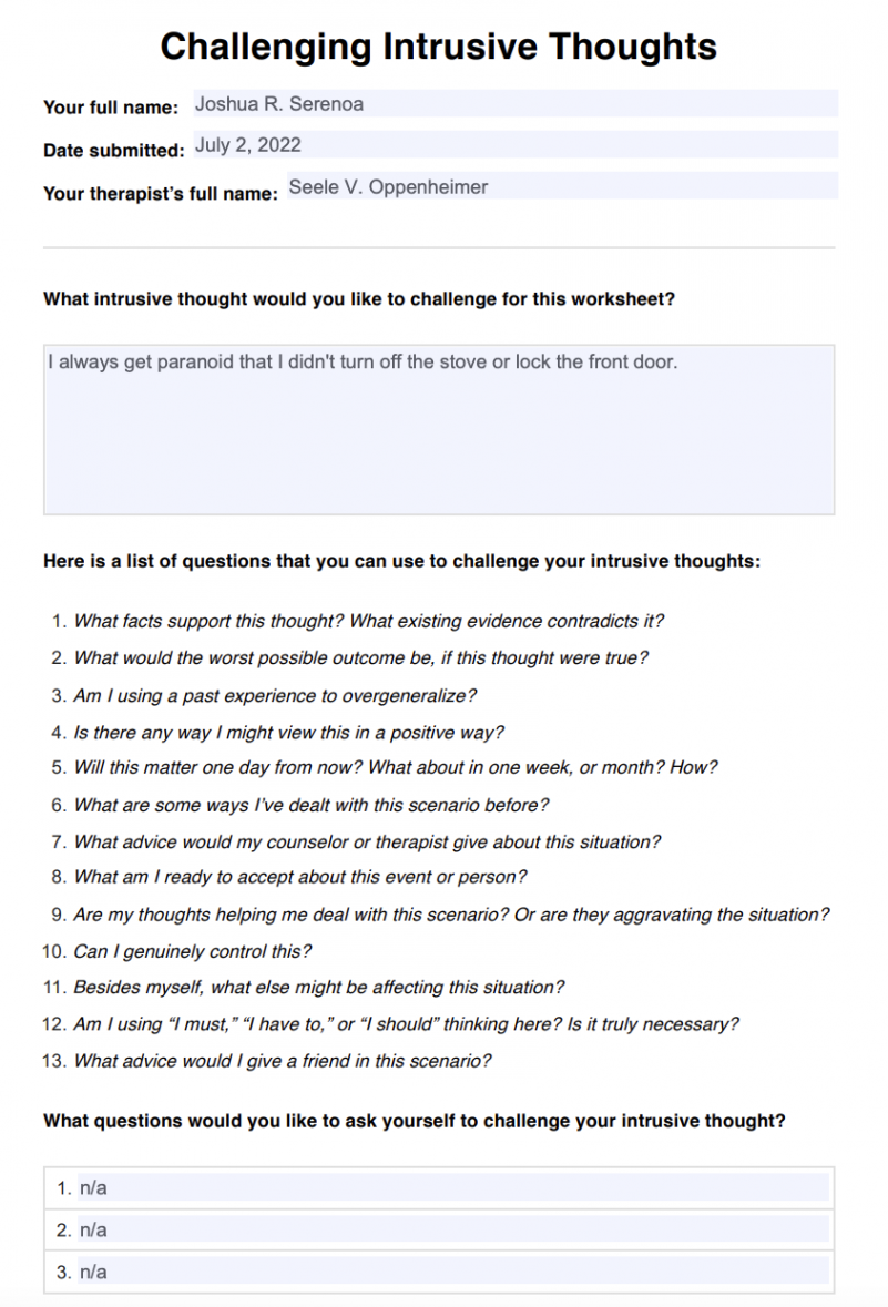 Challenging Intrusive Thoughts Worksheet & Example  Free PDF Download