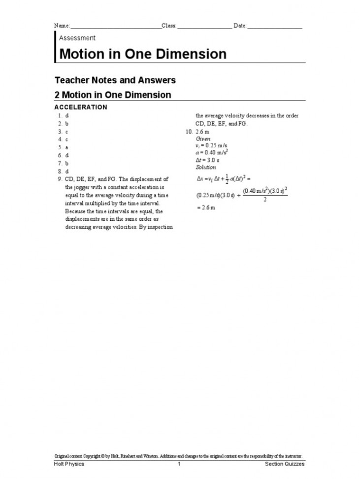 Chapter  Motion in One Dimension Section Quiz   With Answers