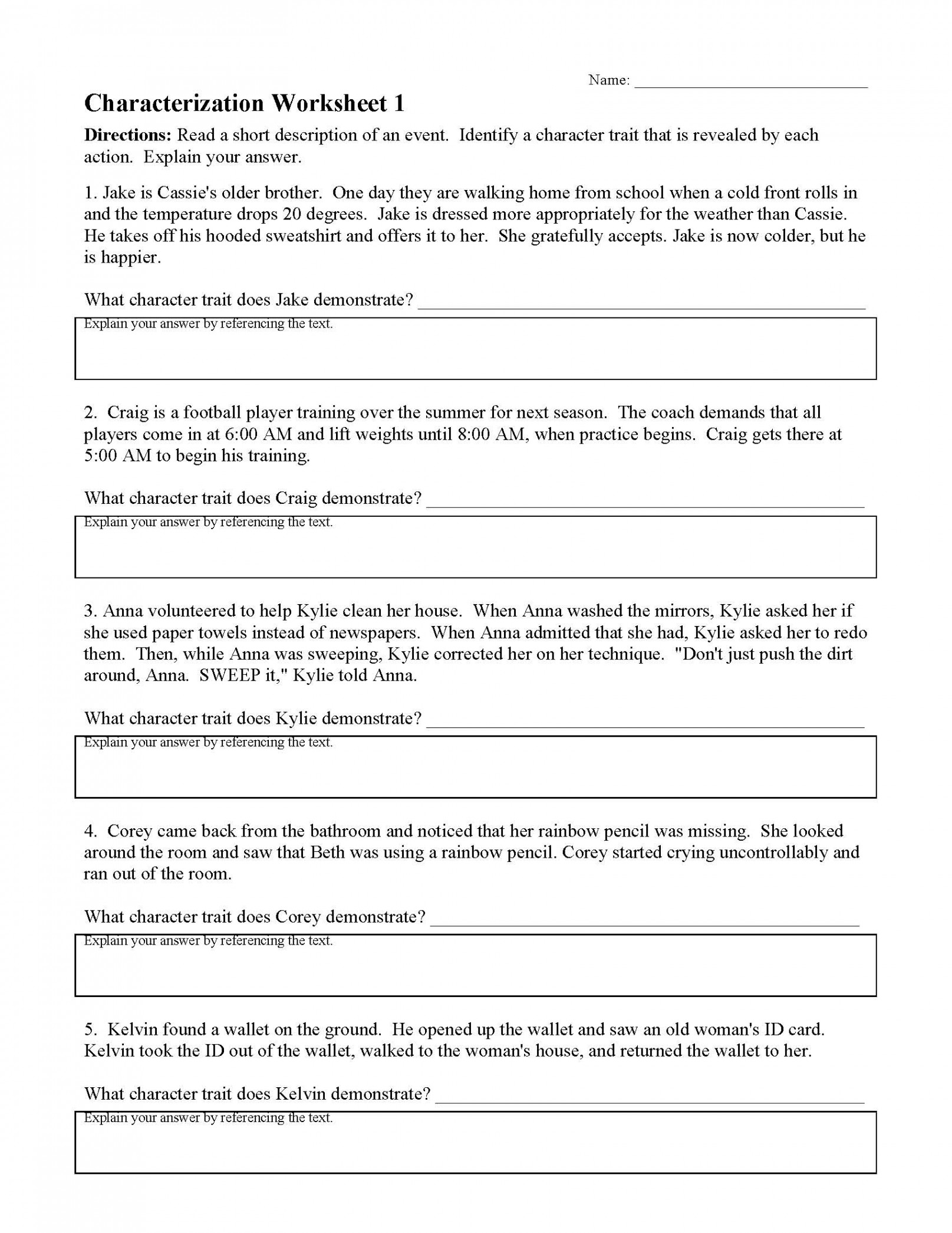 Characterizations Worksheet   Reading Activity